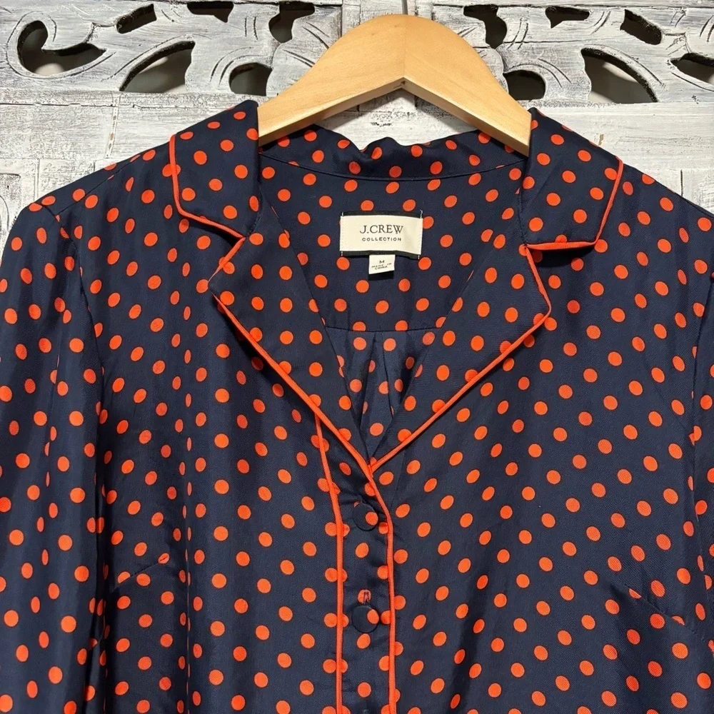 NEW J. Crew Collection Silk-Twill Navy/Orange Polka Dot Popover Blouse Size M - Picture 5 of 8